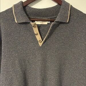 Gray V-Neck Knit Sweater with Polo Collar